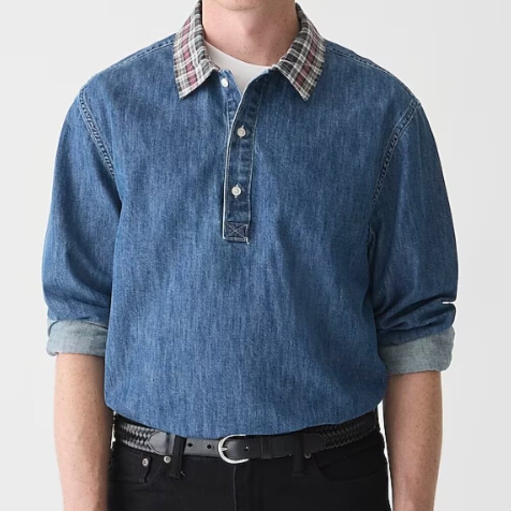 J.Crew Denim rugby shirt with plaid collar
